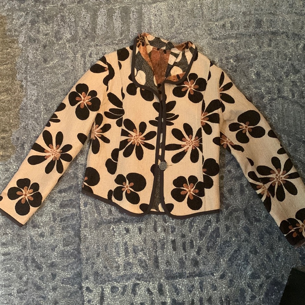 Vintage Groovy Carpet Jacket with Black and Orange Floral Pattern